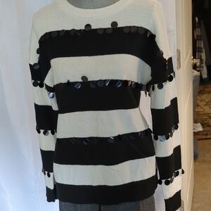 Black and White Striped Sweater with Sequin Accents